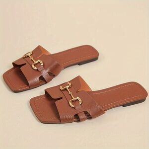 Brown Women's Slide Sandals with Gold Accent
